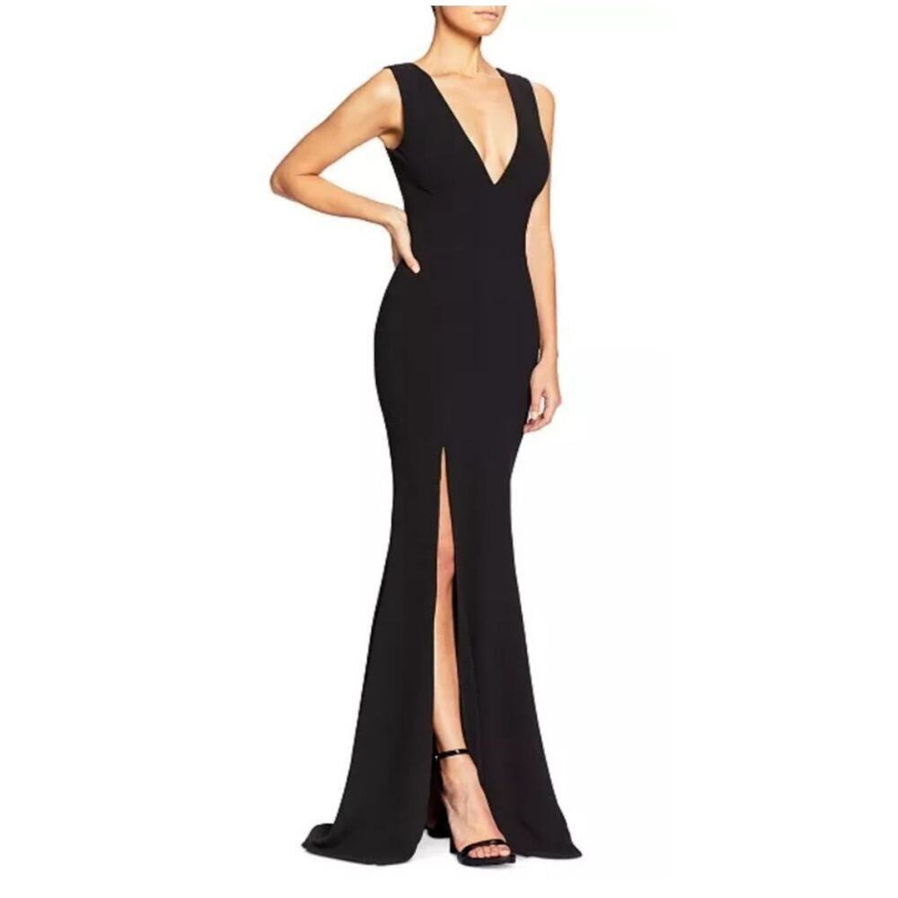 Dress the Population Black Plunging V Neck Gown Slit Formal Evening Small